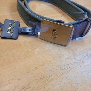 Polo Ralph Lauren Canvas Leather Belt Green Brown Brass Buckle Men's 40 New NwT